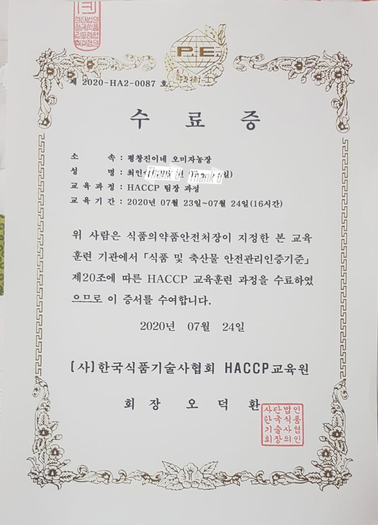  해썹교육 이틀 열심히 받고 수료하고 왔습니다