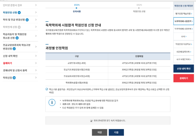  독학학위제(독학사) 학점 직접 신청해보기
