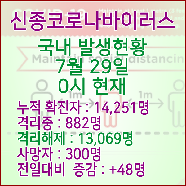  코로나19(코로나바이러스) 7월 29일 0시 국내(해외포함) 발병 14,251명 / 13,069명 완치 격리해제 / 사망자 300명