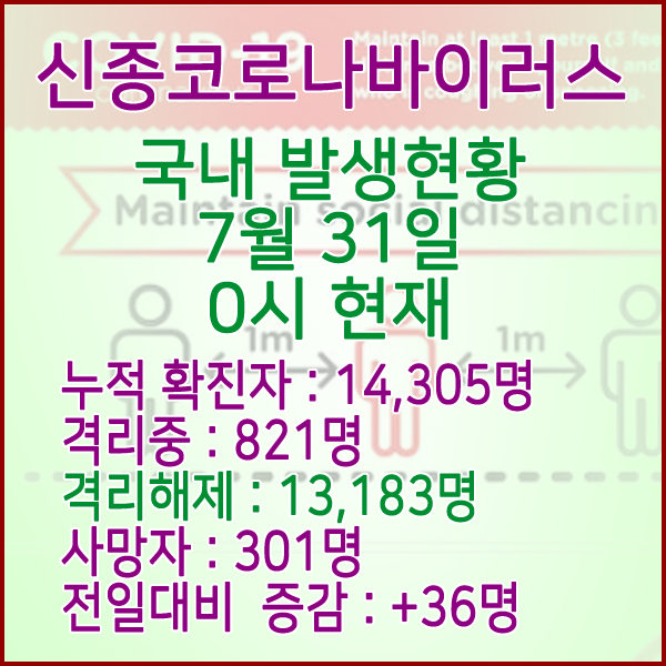  코로나19(코로나바이러스) 7월 31일 0시 국내(해외포함) 발병 14,305명 / 13,183명 완치 격리해제 / 사망자 301명