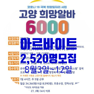 고양시, 코로나19 극복을 위한 희망알바 2,520명 모집, 8.3(월) ~ 8.12(수) 신청 접수