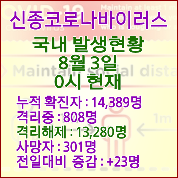  코로나19(코로나바이러스) 8월 3일 0시 국내(해외포함) 발병 14,389명 / 13,280명 완치 격리해제 / 사망자 301명