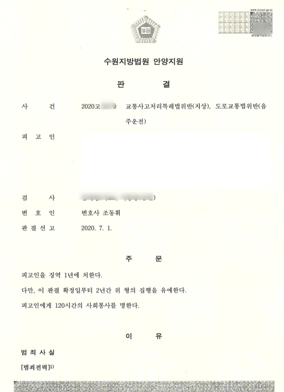  음주 3회 및 대인사고 집행유예 성공사례