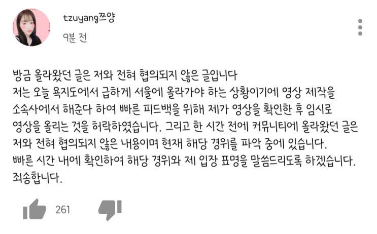 홍사운드 저격한 쯔양 제작진에 대한 쯔양 입장문