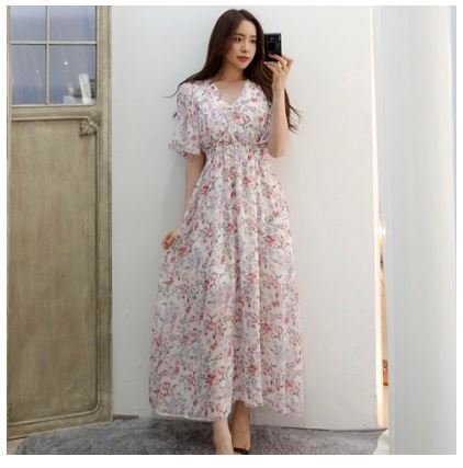  이힝 프라우 플라워 브이넥 쉬폰 롱원피스
