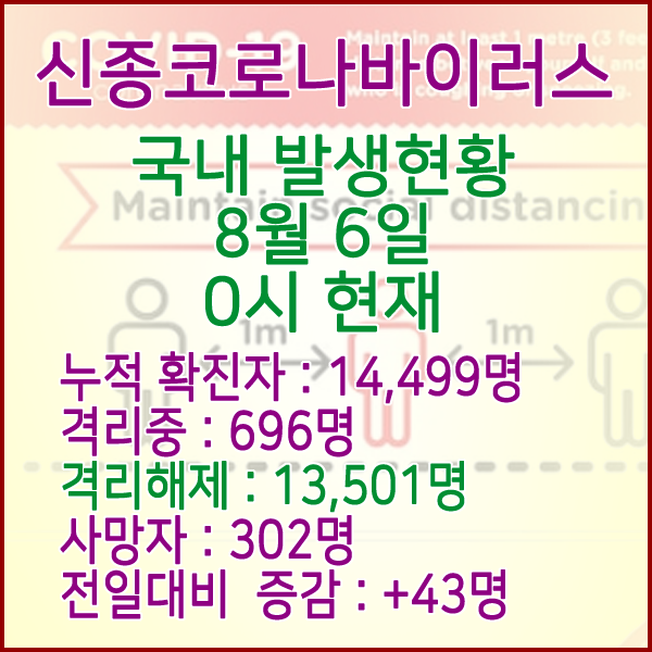  코로나19(코로나바이러스) 8월 6일 0시 국내(해외포함) 발병 14,499명 / 13,501명 완치 격리해제 / 사망자 302명