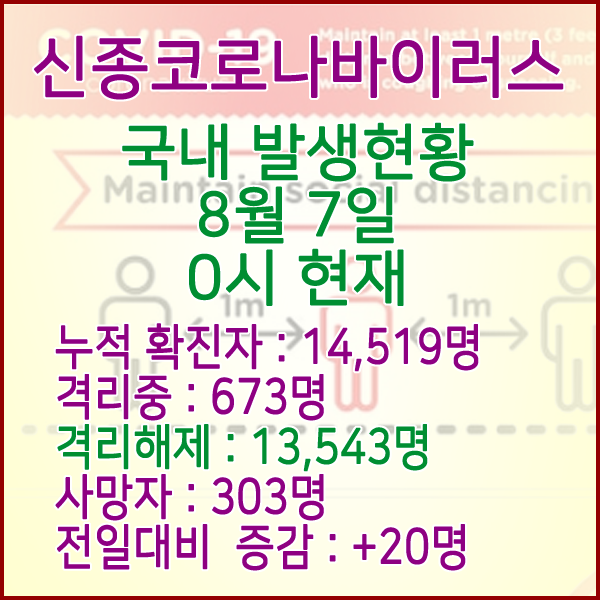  코로나19(코로나바이러스) 8월 7일 0시 국내(해외포함) 발병 14,519명 / 13,543명 완치 격리해제 / 사망자 303명