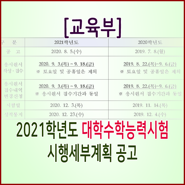  [교육부] 2021학년도 대학수학능력시험 시행세부계획 공고(시험일 2020년 12월 3일)