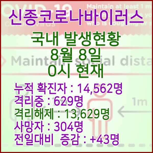  코로나19(코로나바이러스) 8월 8일 0시 국내(해외포함) 발병 14,562명 / 13,629명 완치 격리해제 / 사망자 304명
