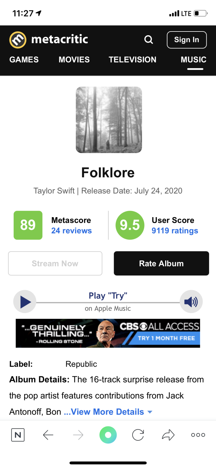  테일러 스위프트 8집 folklore 평단 근황