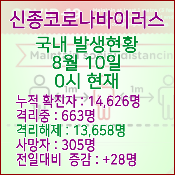  코로나19(코로나바이러스) 8월 10일 0시 국내(해외포함) 발병 14,626명 / 13,658명 완치 격리해제 / 사망자 305명