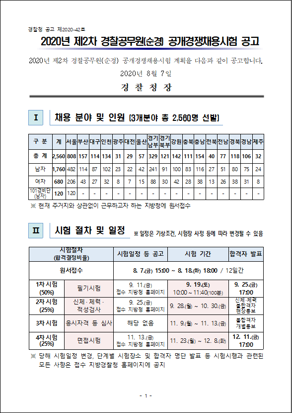  ▷ 2020년 제2차 경찰공무원 공채시험 일정 공고!!!!◁