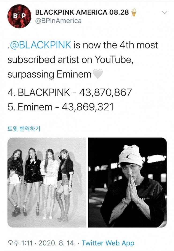 에미넴 넘어서 전세계 유튜브 구독자수 4위 블랙핑크 에미넴 넘어서 전세계 유튜브 구독자수 4위 블랙핑크