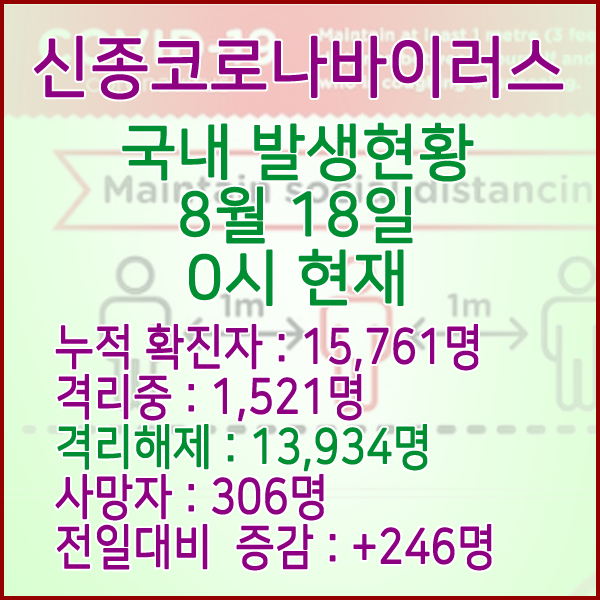  코로나19(코로나바이러스) 8월 18일 0시 국내(해외포함) 발병 15,761명 / 13,934명 완치 격리해제 / 사망자 306명
