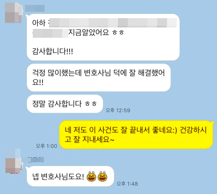 양육비변경심판청구 승소하신 의뢰인의 카카오톡 감사표시