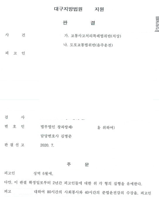  교특법(치상)(음주운전자끼리 사고)과 음주운전 집행유예 선고 사례