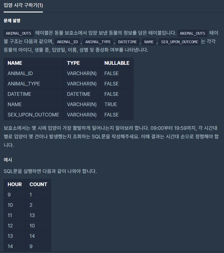 프로그래머스 SQL: 입양 시각 구하기(1) // MySQL 프로그래머스 SQL: 입양 시각 구하기(1) // MySQL