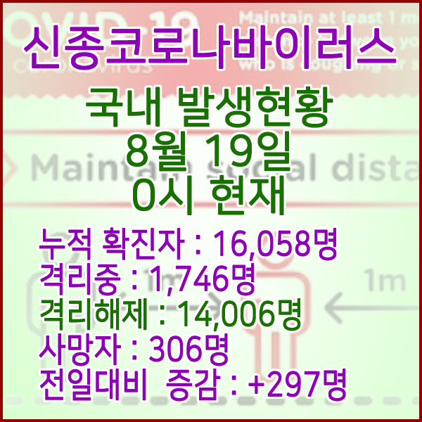  코로나19(코로나바이러스) 8월 19일 0시 국내(해외포함) 발병 16,058명 / 14,006명 완치 격리해제 / 사망자 306명