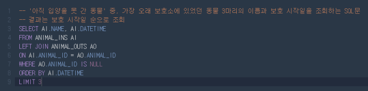 프로그래머스 SQL: 오랜 기간 보호한 동물 (1) // MySQL // =NULL 과 IS NULL의 차이 // LEFT JOIN 프로그래머스 SQL: 오랜 기간 보호한 동물 (1) // MySQL // =NULL 과 IS NULL의 차이 // LEFT JOIN