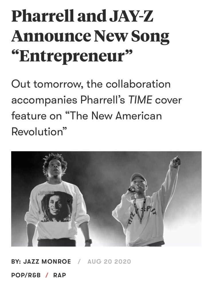 퍼렐&JAY-Z, 내일 기습 콜라보 신곡 ntrepreneur 발표 퍼렐&JAY-Z, 내일 기습 콜라보 신곡 ntrepreneur 발표