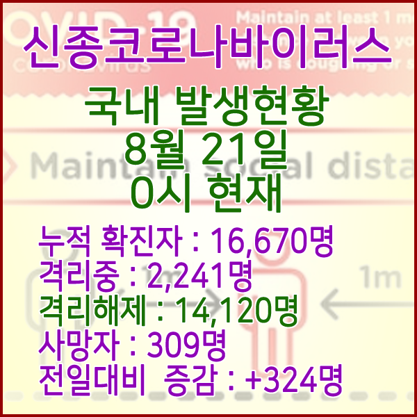  코로나19(코로나바이러스) 8월 21일 0시 국내(해외포함) 발병 16,670명 / 14,120명 완치 격리해제 / 사망자 309명