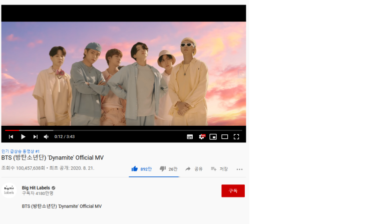 방탄소년단 신곡 뮤비 24시간 30분에 1억뷰 방탄소년단 신곡 뮤비 24시간 30분에 1억뷰