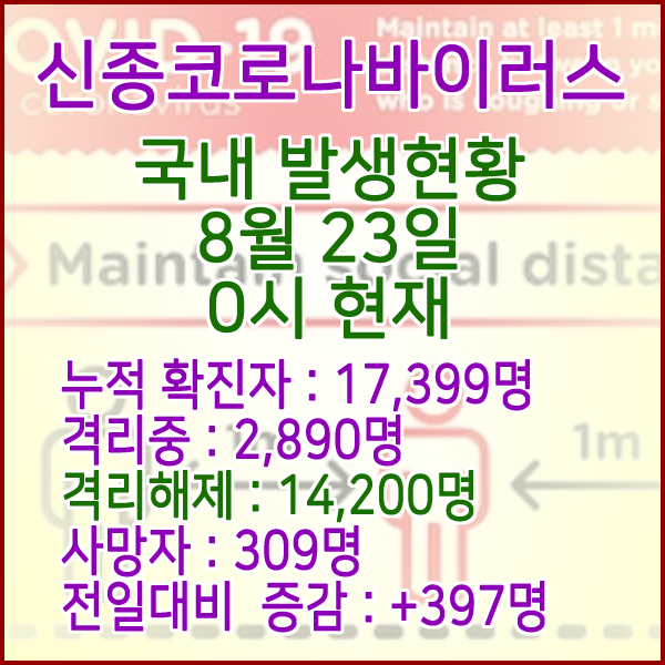  코로나19(코로나바이러스) 8월 23일 0시 국내(해외포함) 발병 17,399명 / 14,200명 완치 격리해제 / 사망자 309명