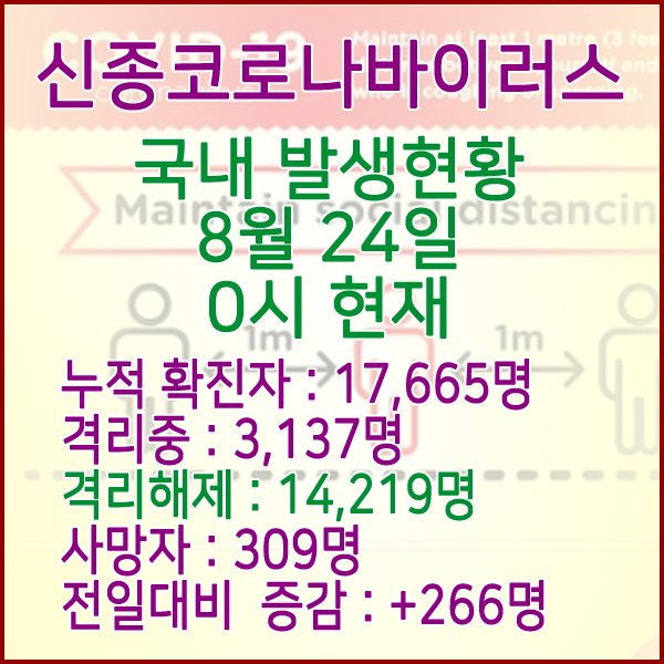  코로나19(코로나바이러스) 8월 24일 0시 국내(해외포함) 발병 17,665명 / 14,219명 완치 격리해제 / 사망자 309명