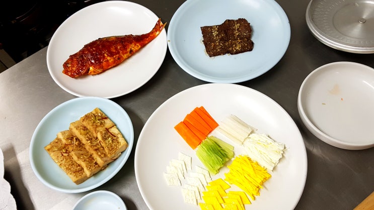  한식조리기능사 실기 학원 8주차/생선양념구이,두부조림,너비아니구이,재료썰기,두부젓국찌개,미나리강회,풋고추전