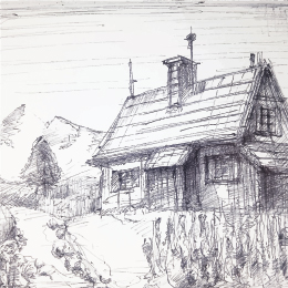 볼펜으로 그린 " 시골길 옆 산장 " / Drawing with ballpoint pen " A cabin on the country lane "