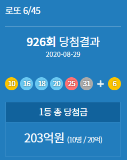 로또 926회 당첨번호 및 금액 당첨지역