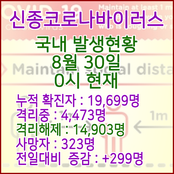  코로나19(코로나바이러스) 8월 30일 0시 국내(해외포함) 발병 19,699명 / 14,903명 완치 격리해제 / 사망자 323명