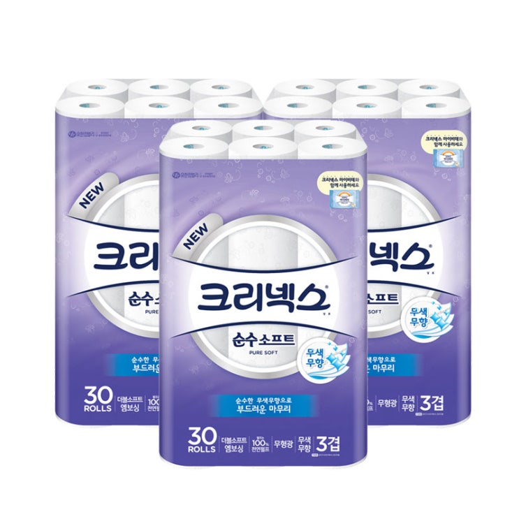  크리넥스 천연펄프 순수 3겹 소프트 롤화장지 27M, 30롤, 3팩