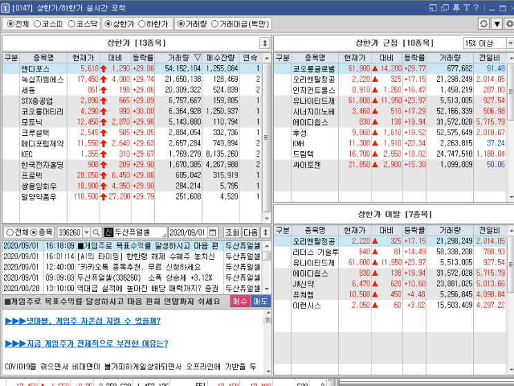 9/1  상한가 / 상한가근접 / 상한가이탈 종목