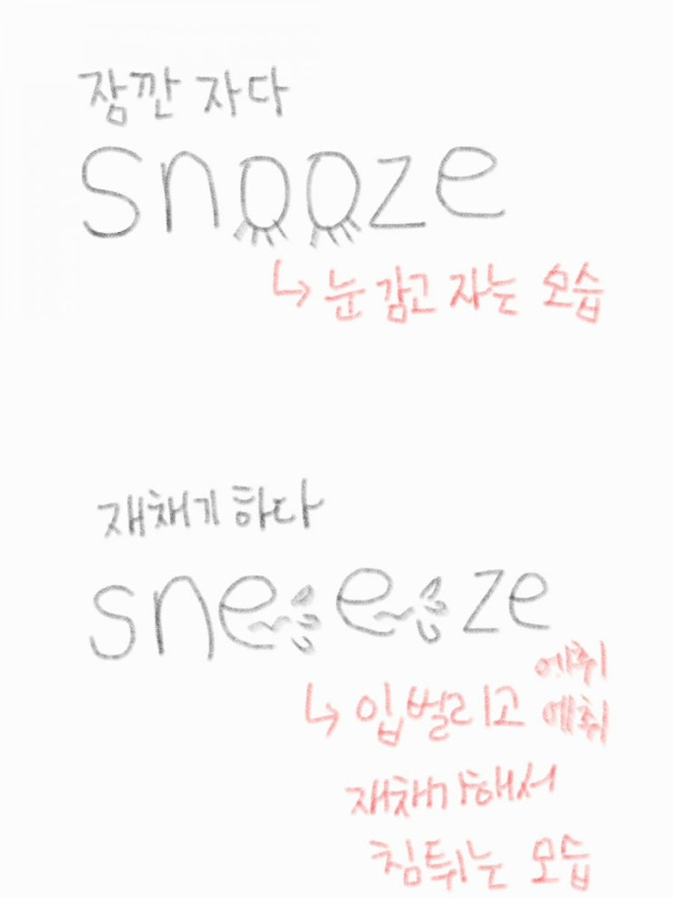 [헷갈리는 단어] snooze VS sneeze 그림으로 외우기