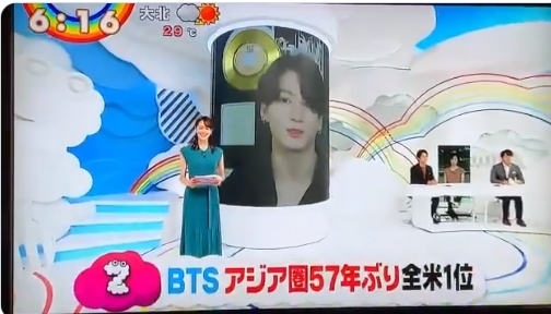 방탄 소식 보도하며 57년만에 1위라고 계속 자막 띄우는 일본 방탄 소식 보도하며 57년만에 1위라고 계속 자막 띄우는 일본