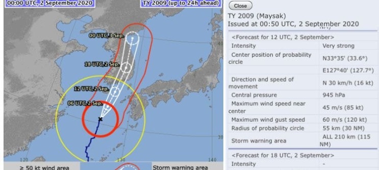 9호태풍 마이삭 상륙시 강도 대폭 상향