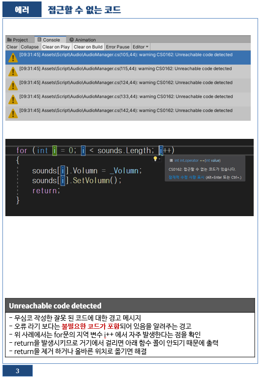  CS0162 : Unreachable code detected (접근할 수 없는 코드)