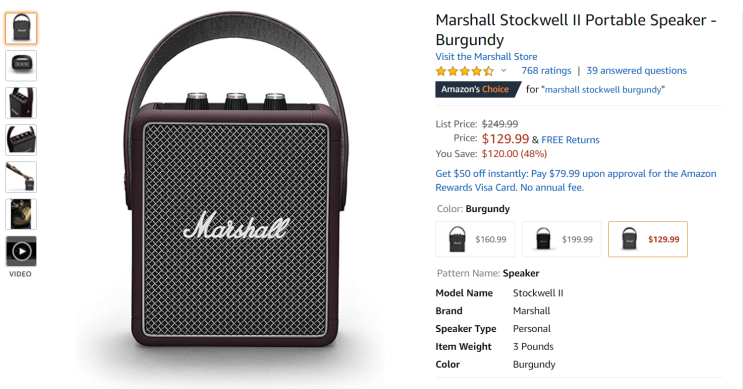  [아마존] 마샬 스톡웰 2  - Marshall Stockwell II Portable Speaker       (신한카드는 9월15일까지 10불할인되요- 코드는 아래)