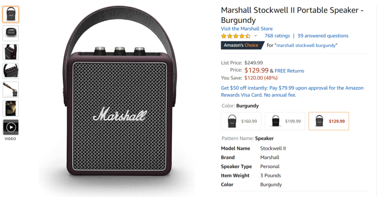 [아마존] 마샬 스톡웰 2  - Marshall Stockwell II Portable Speaker       (신한카드는 9월15일까지 10불할인되요- 코드는 아래)