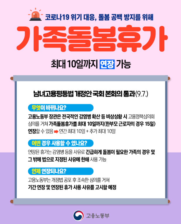  유치원, 초등생 '가족돌봄휴가' 신청하고, 휴가비100만원 받는 방법
