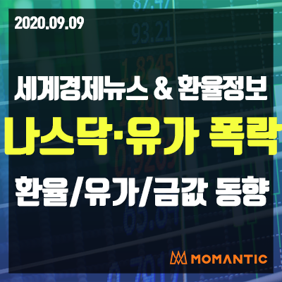 [20.09.09 세계경제뉴스 및 환율] 나스닥 4%·유가 8% 폭락…주가↓국채↑금↑달러 혼조! 오늘의 환율/금값/국제유가 동향