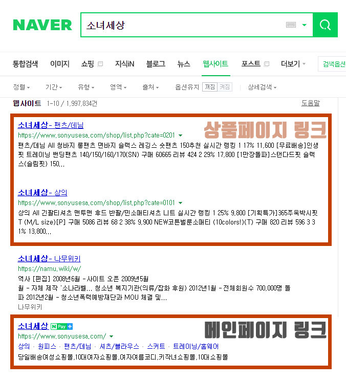  네이버에서 쇼핑몰을 검색하면, 왜 메인페이지가 아닌 상품페이지가 검색이 되나요?
