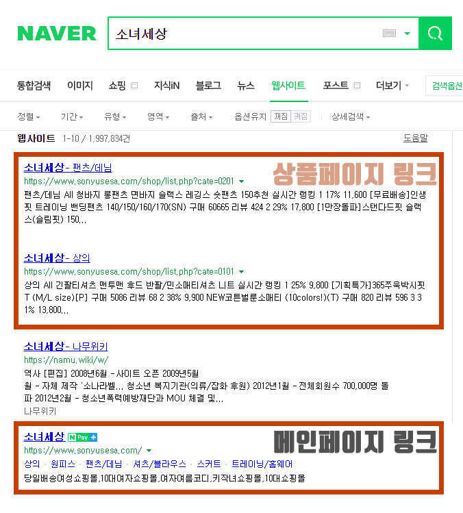 네이버에서 쇼핑몰을 검색하면, 왜 메인페이지가 아닌 상품페이지가 검색이 되나요?