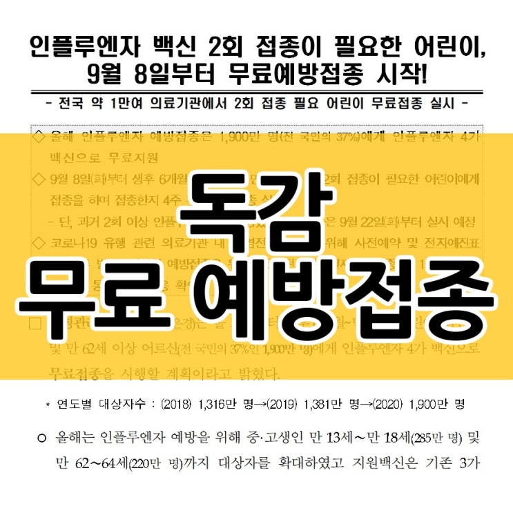  인플루엔자 독감 무료 예방접종 대상자와 지원 기간은?