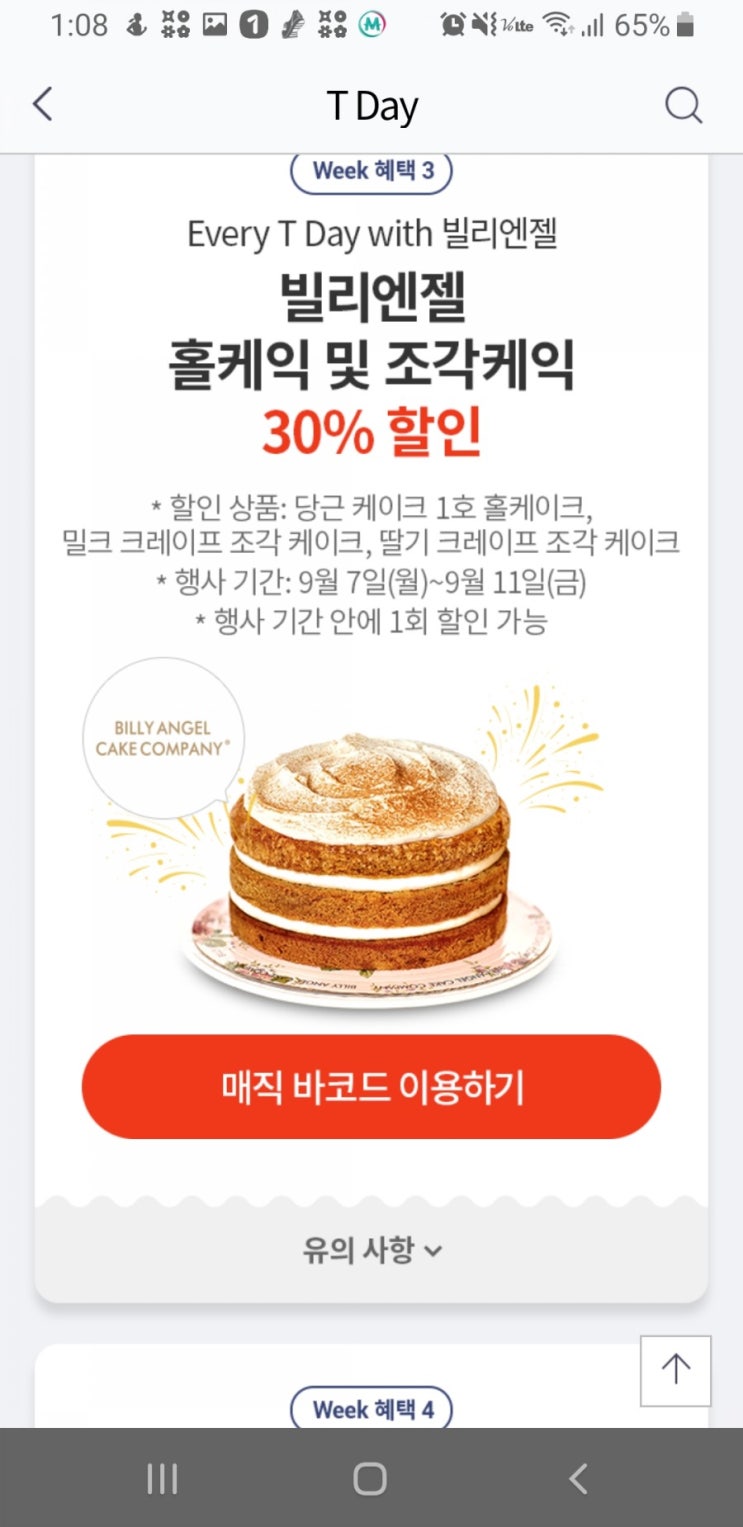 [티멤버십할인/9월 멤버쉽혜택] 빌리엔젤 케잌 30%할인 (t데이 09.11까지)
