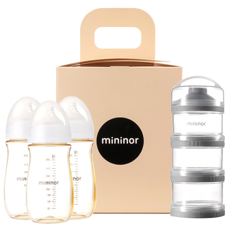  미니노어 출산선물세트 PPSU젖병 240ml x 3p + 3단 분유케이스