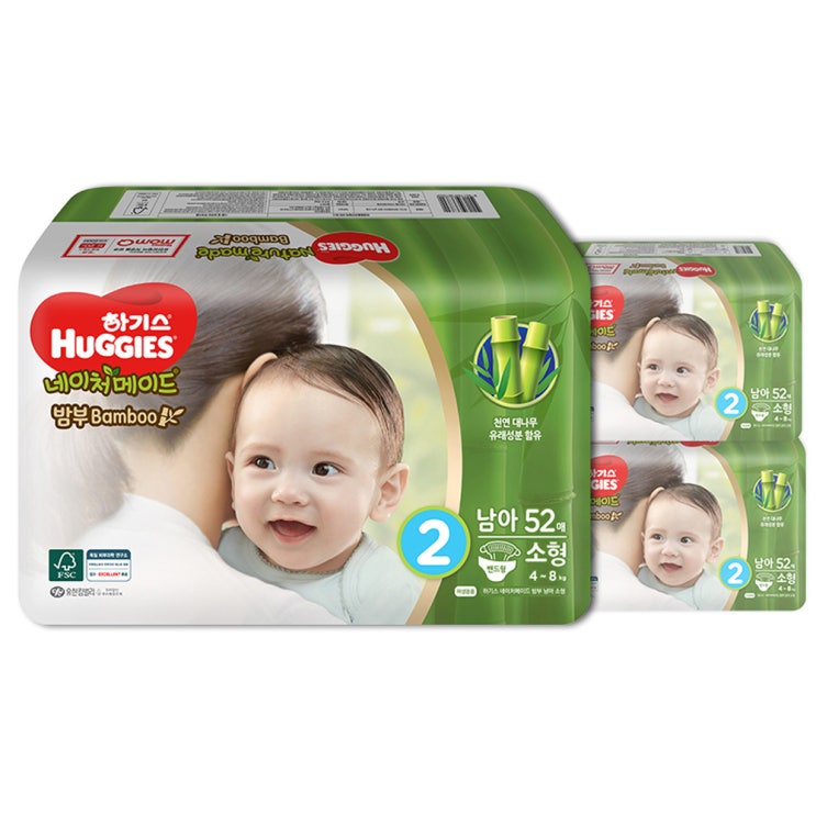  하기스 네이처메이드 밤부 밴드형 기저귀 남아용 소형 2단계 (4~8kg), 156매