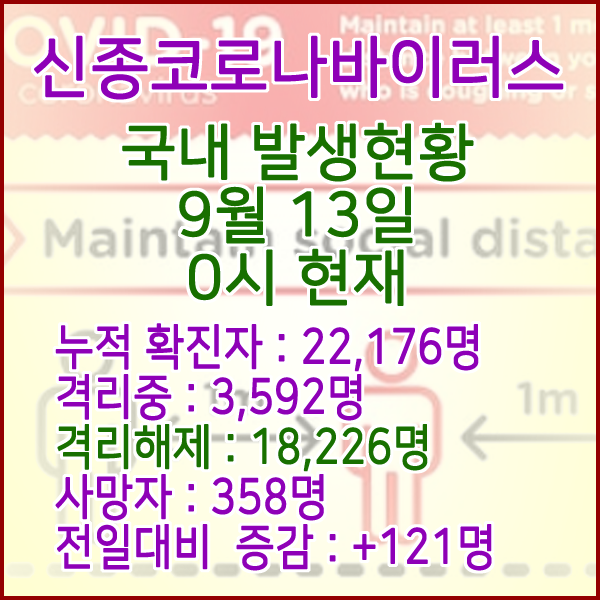  코로나19(코로나바이러스) 9월 13일 0시 국내(해외포함) 발병 22,176명 / 18,226명 완치 격리해제 / 사망자 358명