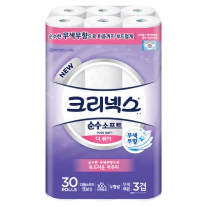 크리넥스 3겹 천연펄프 순수 소프트 더 퓨어 화장지 27m 30롤 × 1팩 무색 무향 엠보싱 화장지 정보 크리넥스 3겹 천연펄프 순수 소프트 더 퓨어 화장지 27m 30롤 × 1팩 무색 무향 엠보싱 화장지 정보